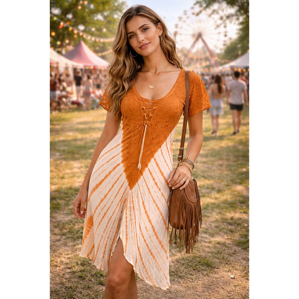 Boho Tie Dye Dress Festival Lace-Up Midi Indie Earthy Summer Dress Cottagecore